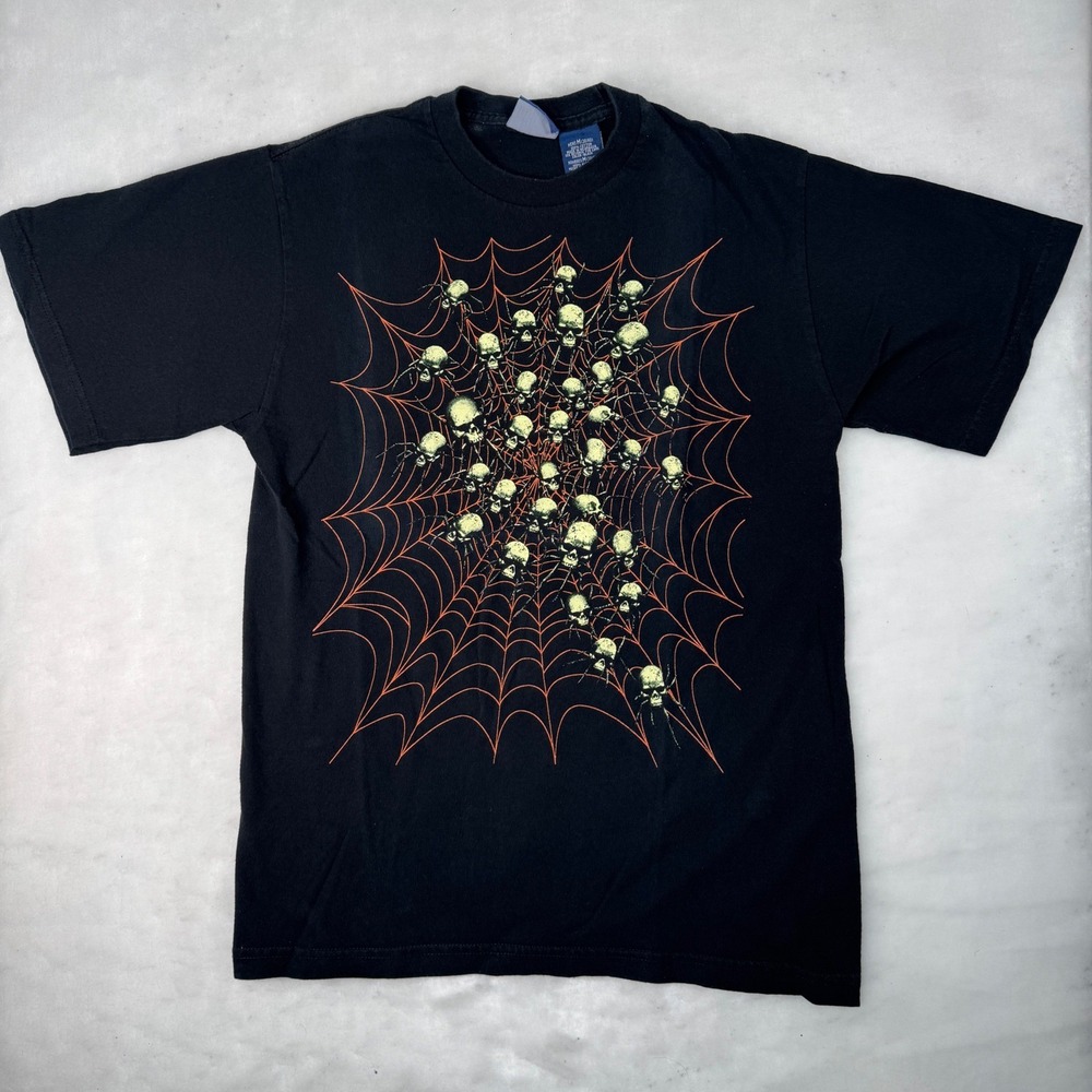 Vintage Halloween Shirt Mens M Black Spider Web Skull Short Sleeve Y2K